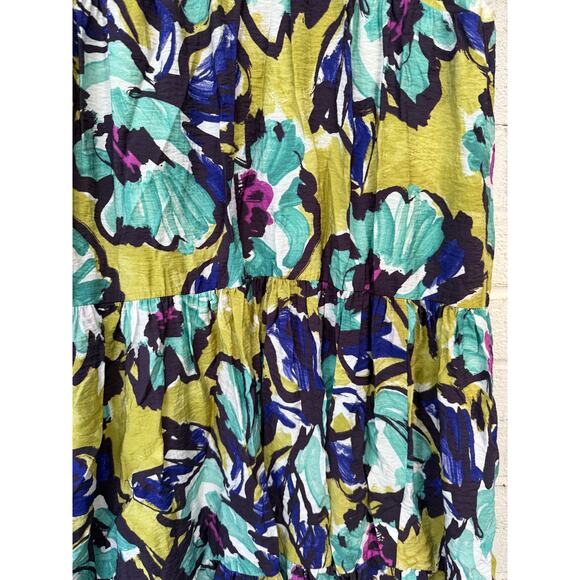Anthropologie Puff Sleeve Tiered Midi Dress Green Blue Floral Statement Size L - Picture 6 of 10
